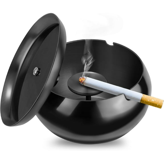 1 Pc Black Anti-Flying Ashtray,Stainless Steel Ashtray with Cover,Ashtray with Smoke Extinguishing Column,Decorative Ashtray with Smooth Surface,Smokeless Odorless Ash Tray for Home Office Outdoor