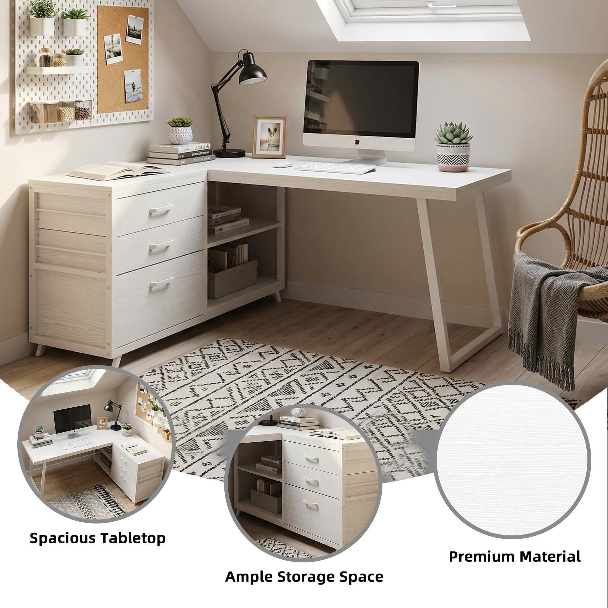 MAYEERTY Reversible L-Shaped Desk with 3 Drawers & Open Shelves, Rustic Home Office Computer Desk