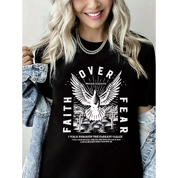 Women Christian T-Shirt Faith Over Fear Graphic Shirt Casual Loose Short Sleeve Crew Neck Top