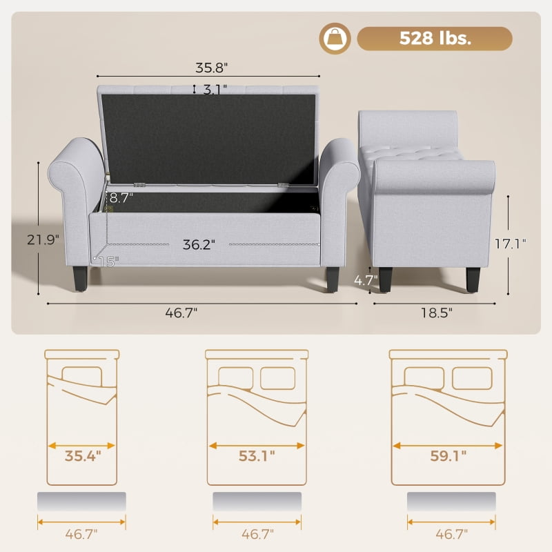 Alvantor Storage Bench with Tufted Seat & Rolled Arms for Bedroom 46.7"x18.5"x21.9" Light Gray