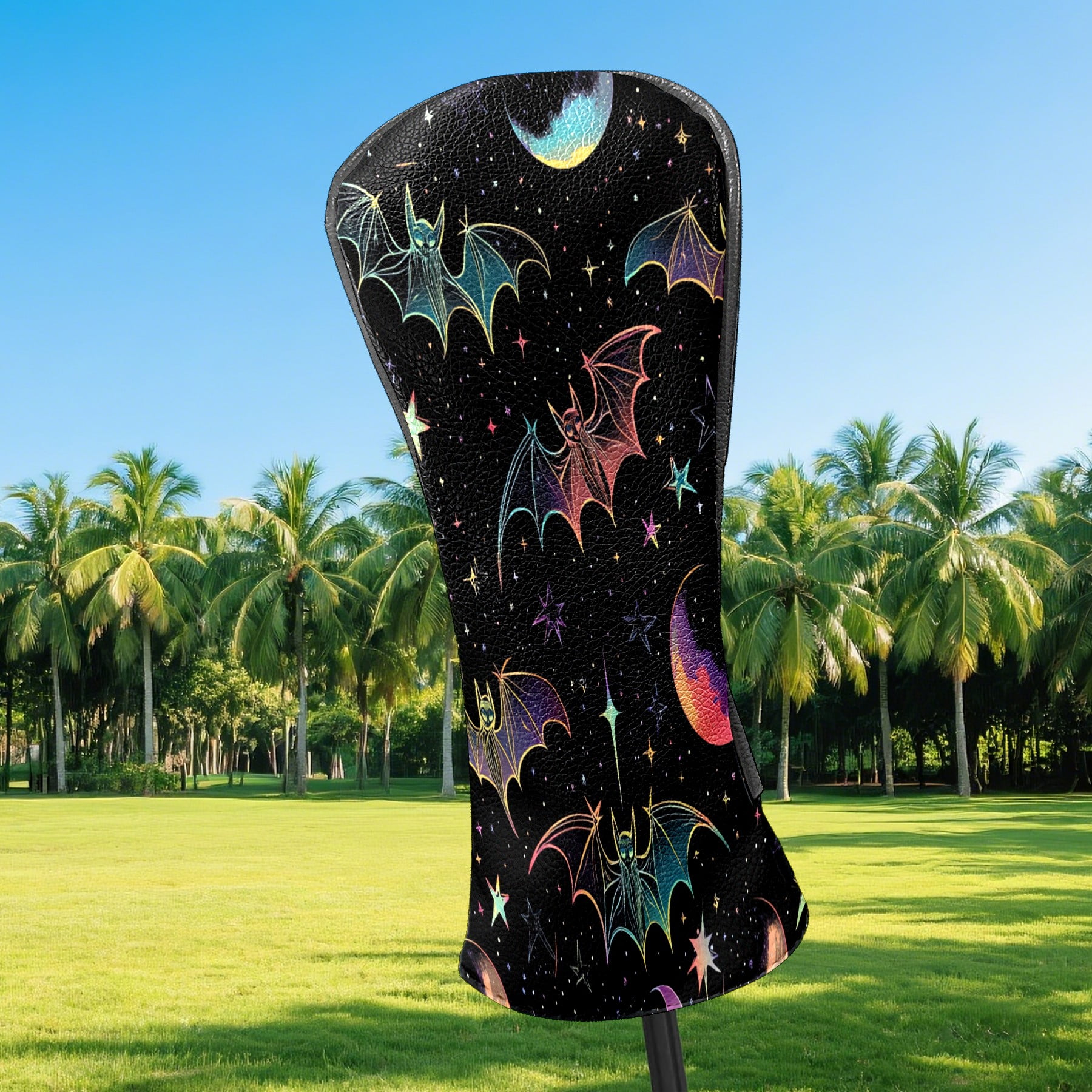 Golf Club Head Covers - Galaxy Purple Bats Design, Premium PU Leather Driver Hybrid Headcovers with Velvet Lining, Waterproof Golf Gifts for Men Women