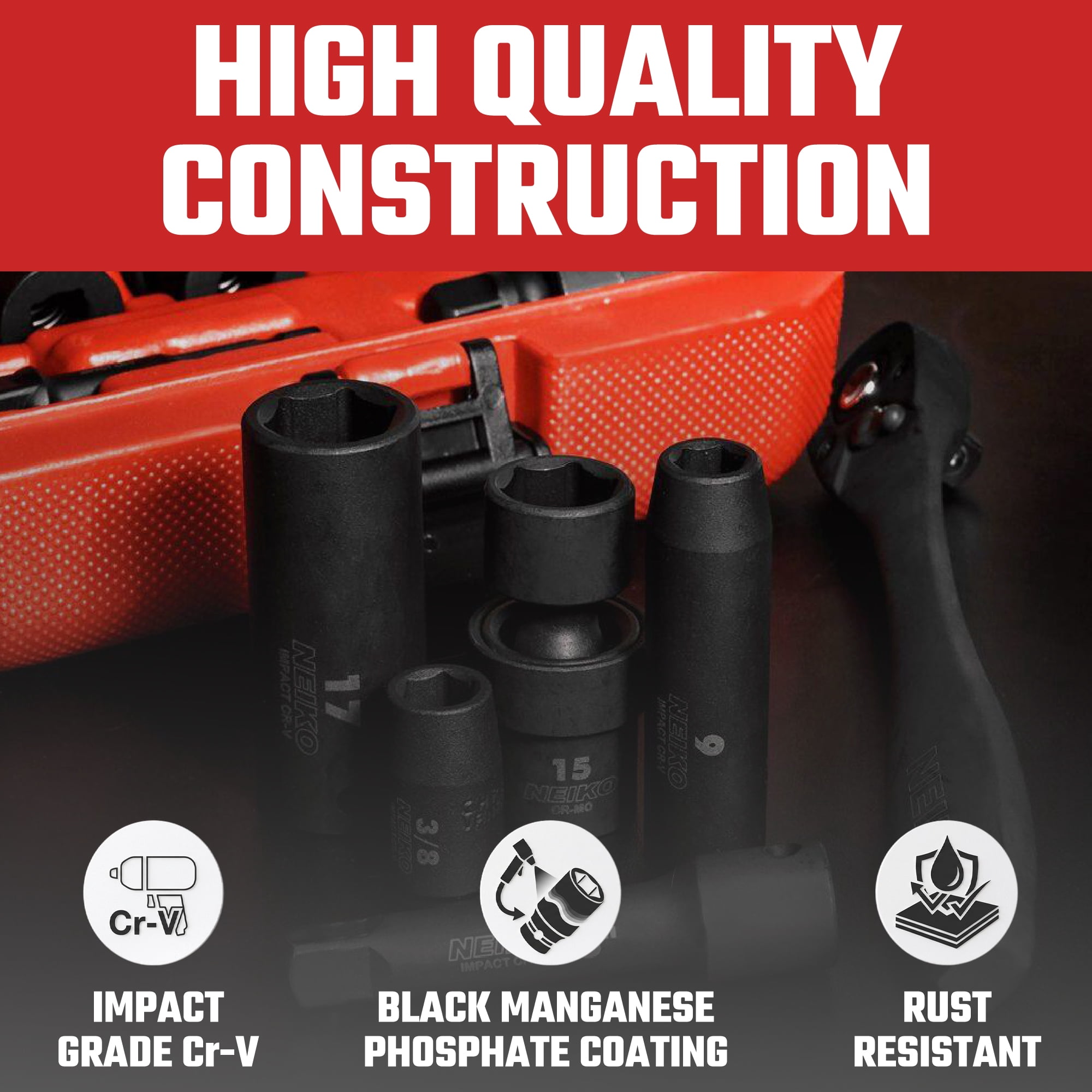 NEIKO 02471A Impact Socket Set, 3/8” Drive, 67 Piece, Metric and Standard Master Socket Set with Shallow & Deep Sockets, Ratchet, Swivel Sockets, Extension Bars, Adapters, Cr-V & Cr-Mo