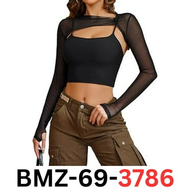 Avidlove Women Long Sleeve Crop Top See Through Sheer Blouse Sexy Outfit, Blk XS