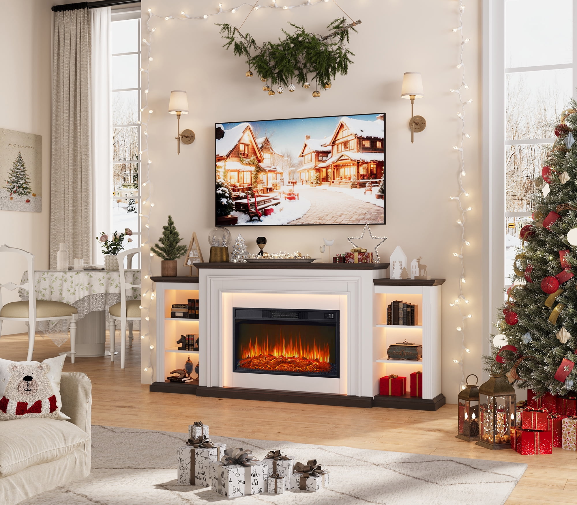 72" Electric Fireplace with Mantel, White TV Stand for TVs Up to 80 Inch, Farmhouse Entertainment Center with Storage for Bedroom,23'' Fireplace Insert Heater for Living Room