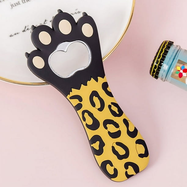 Abridor de botellas multifuncional con forma de pata de gato, de silicona, con imán de colores vibrantes y diseño de dibujos animados, con imán para nevera para el hogar, estampado de leopardo negro.