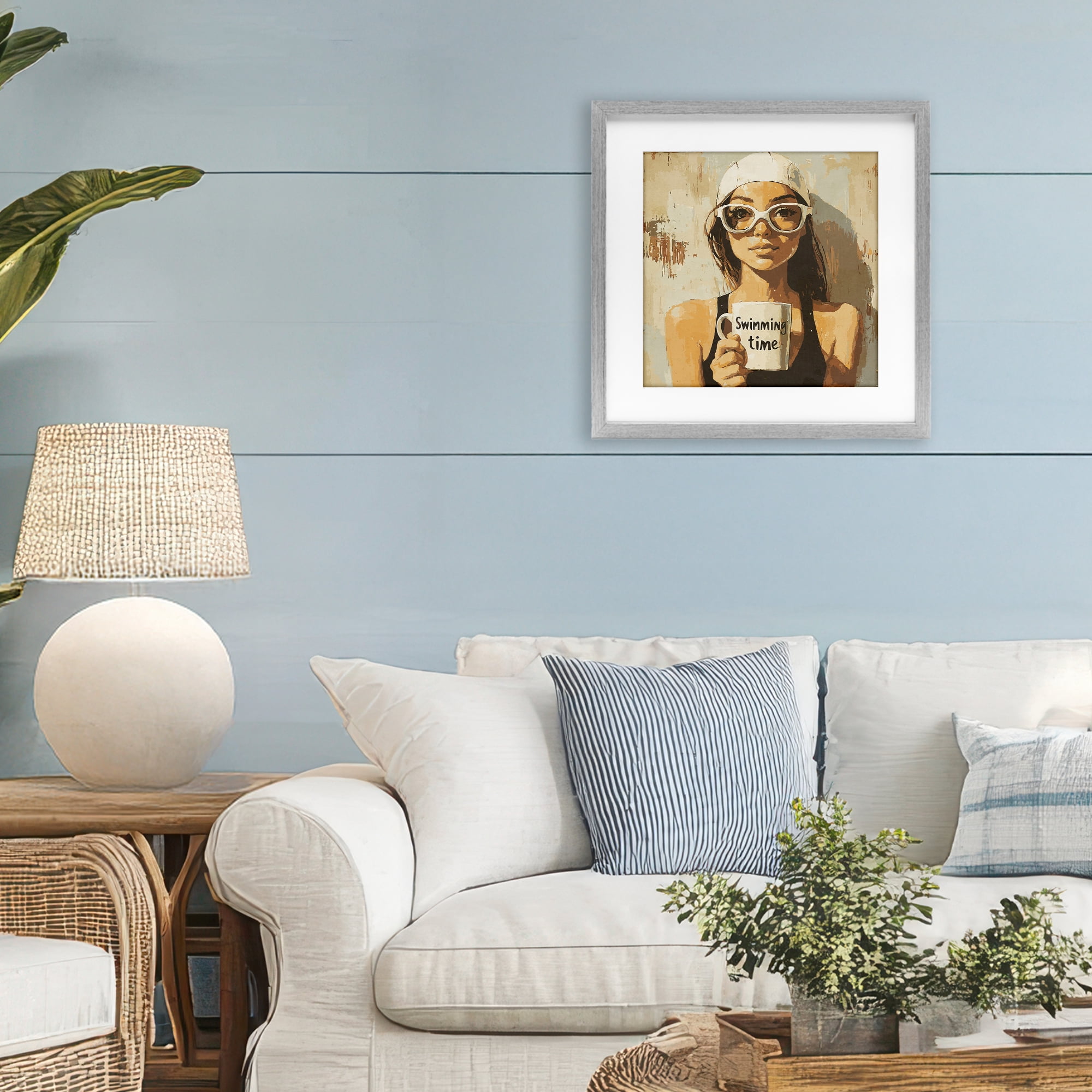 Stupell Industries Swimming Mug Girl Gray Framed Print Under Glass, design by Layla Oz