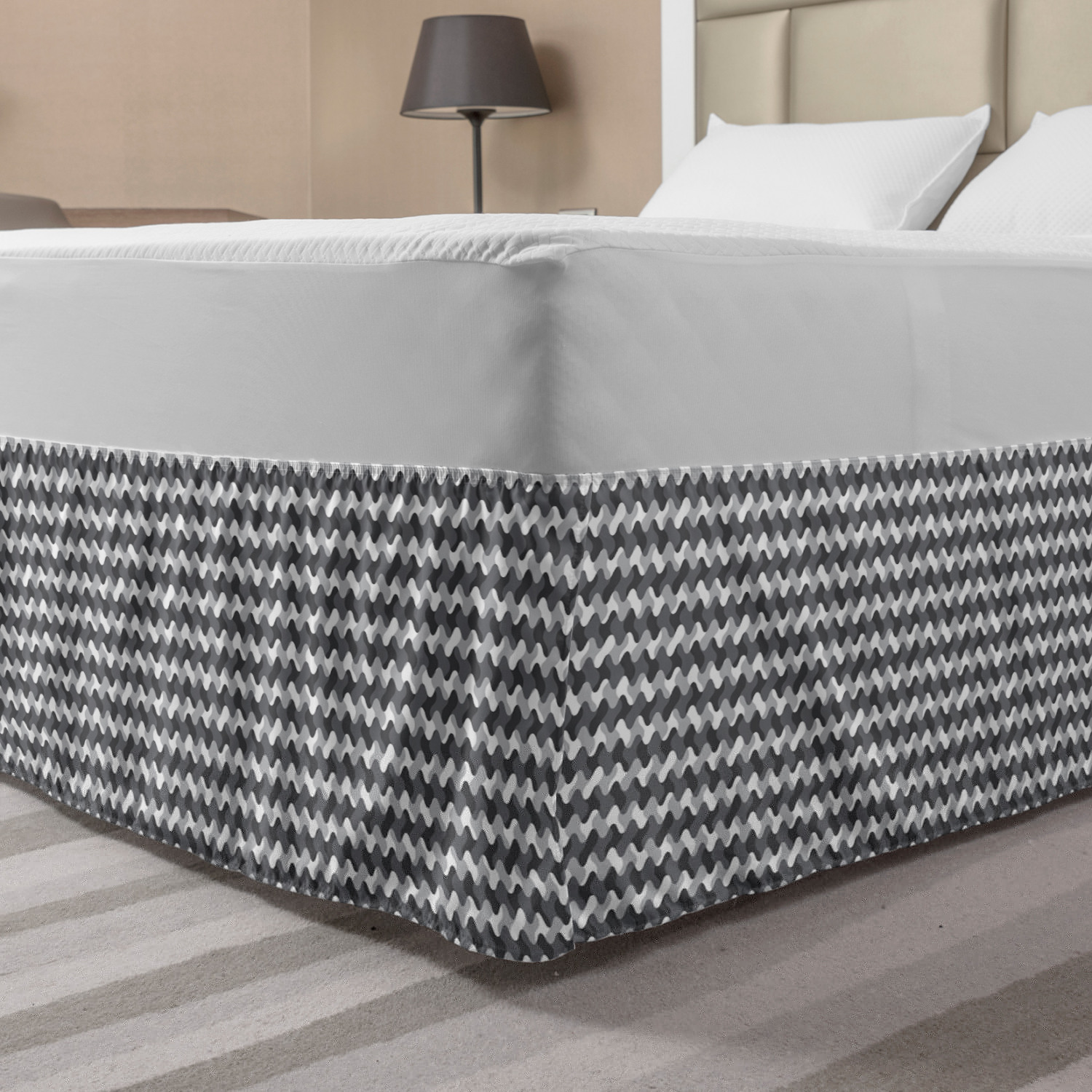 Grey Bed Skirt, Minimalist Gradient Wavy Flat Lines Various Color