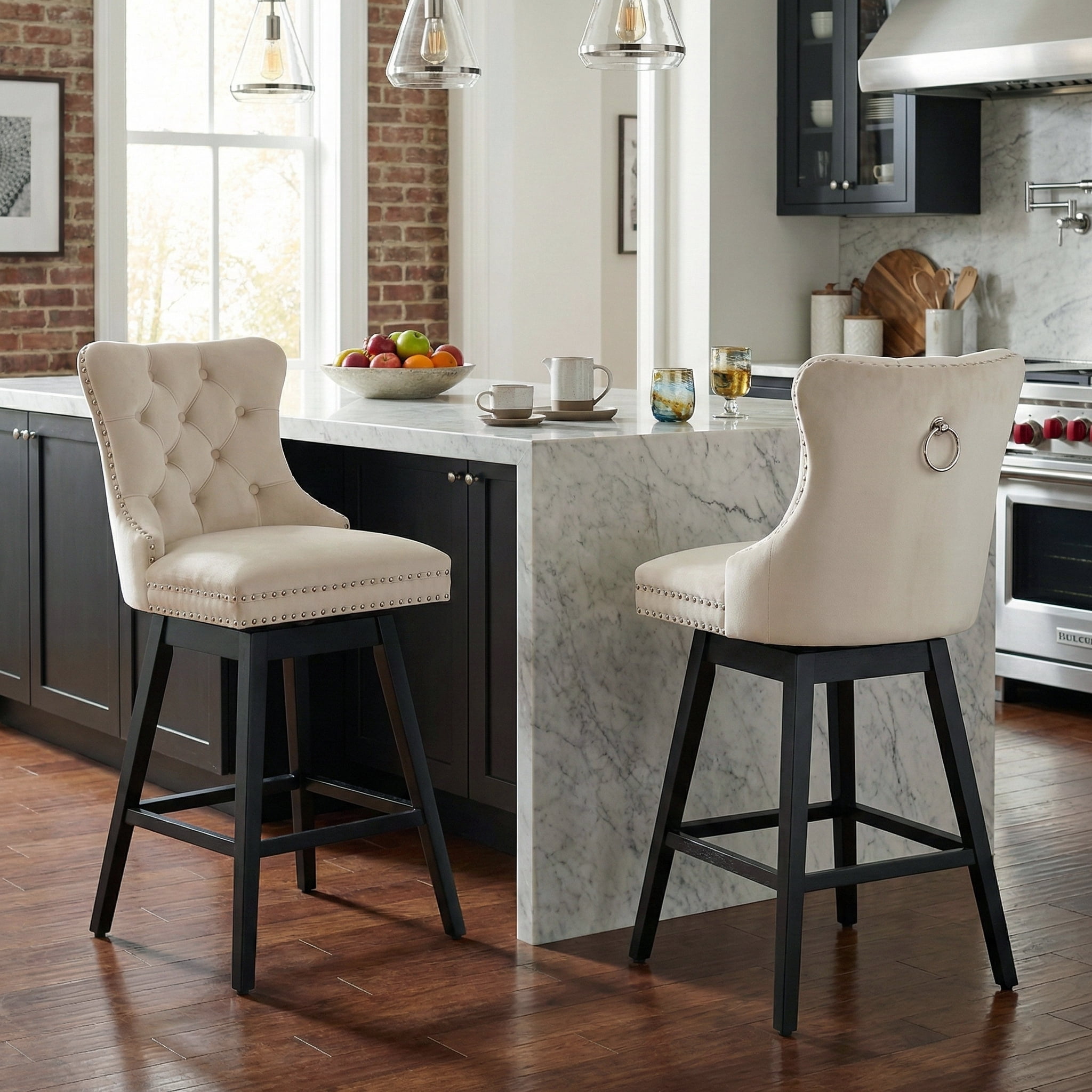 TEWLOSS 30" Swivel Bar Stools Set of 2, Beige Velvet Bar Height Chairs with Back for Home Pub