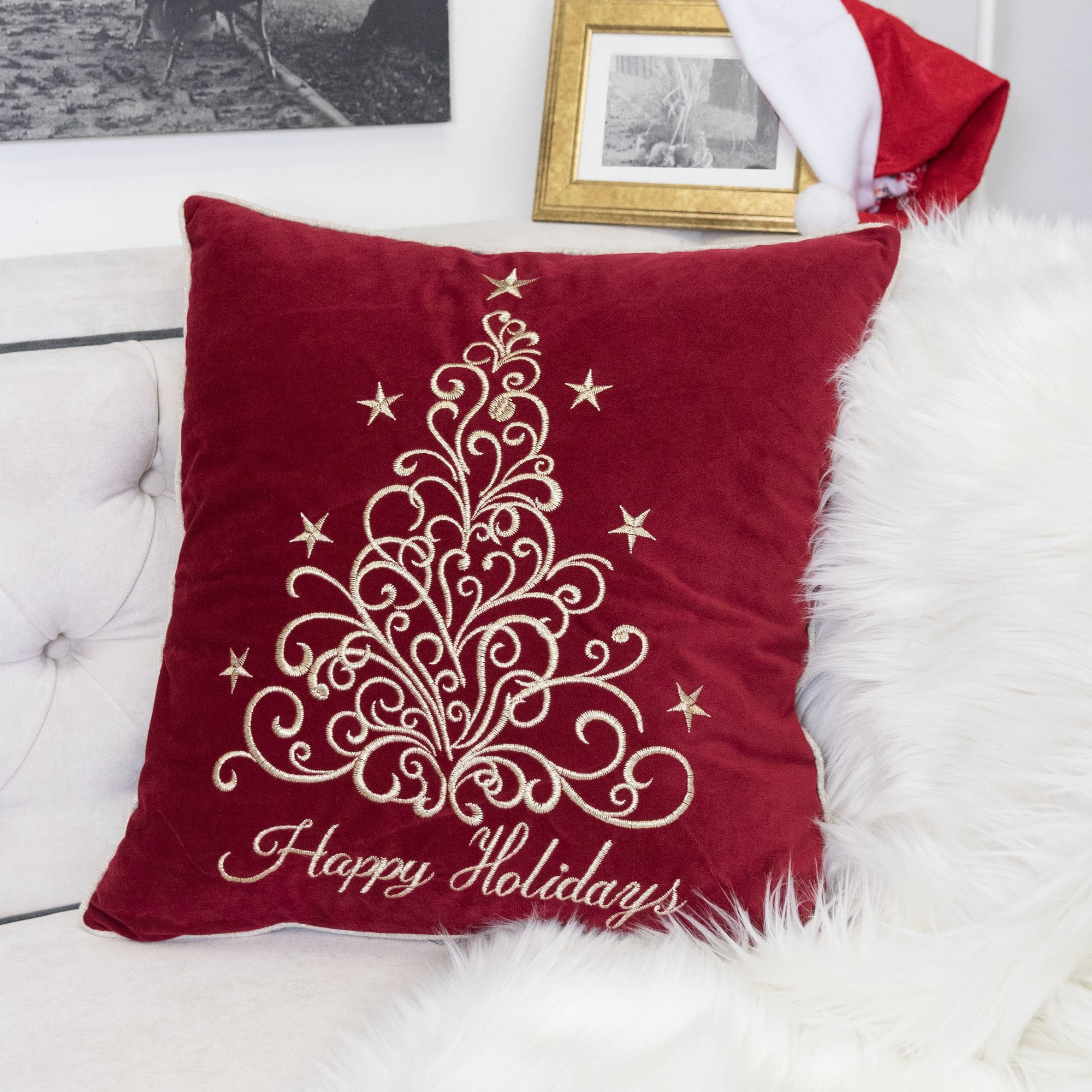 Velvet Happy Holidays Gold Embroidered Christmas Tree Pillow 20x20 Inch Holiday Decor