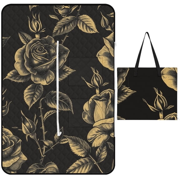 Black And White Ink Flower Picnic Blanket Waterproof Outdoor Beach Blanket Hand-held Pad Suitable for Travel, Camping, Beach, Family Gatherings