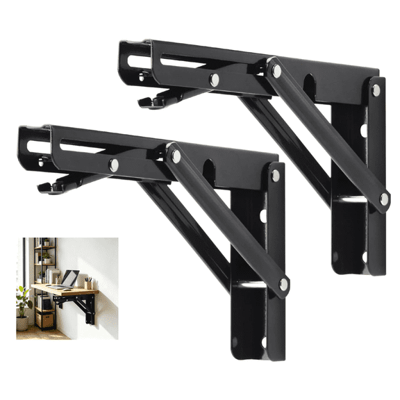 Folding Shelf Brackets, 8 Inch Heavy Duty Foldable Table Support, Black Rust Resistant L Bracket with Mounting Screws 2PCS