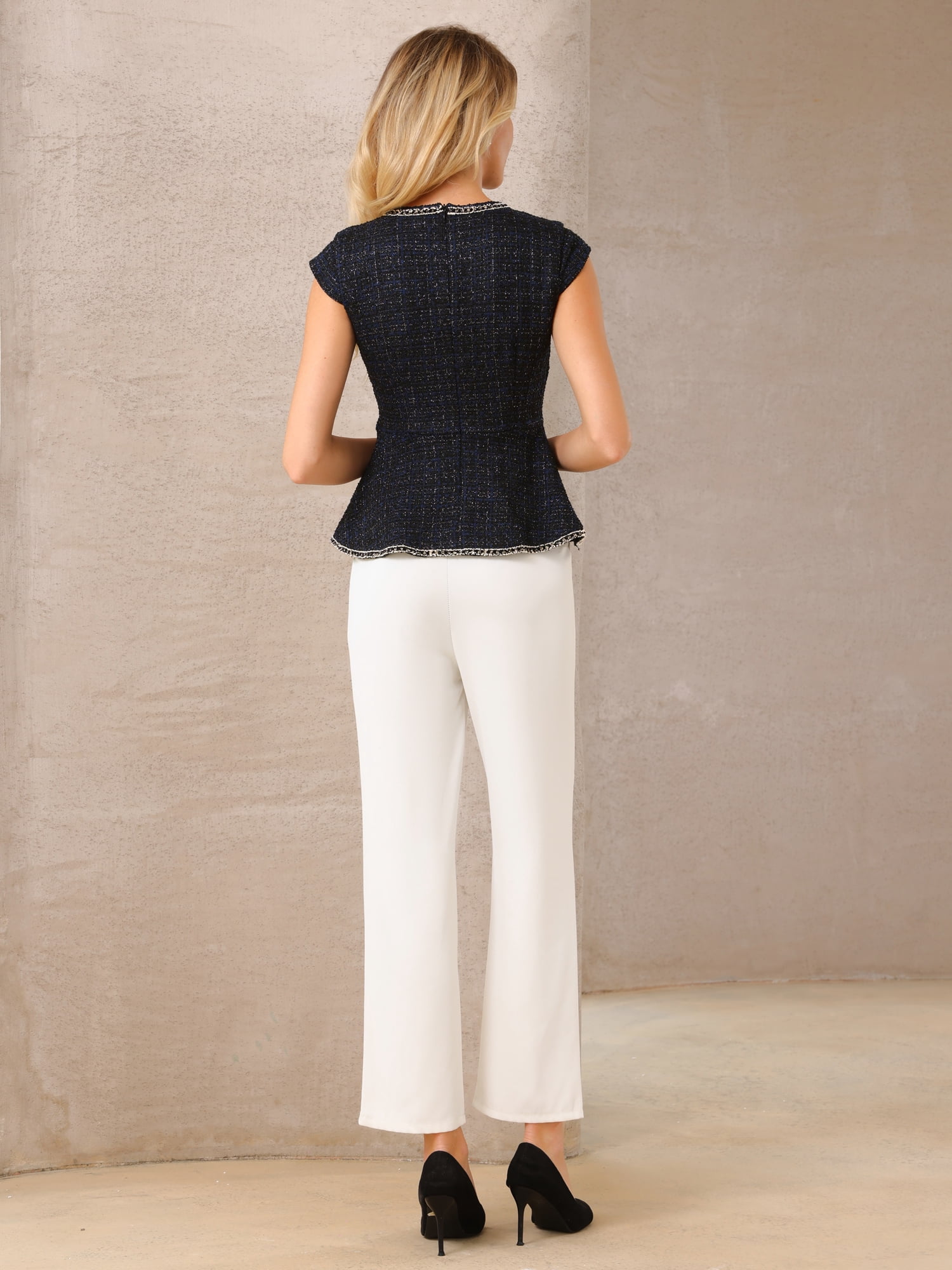 DARING DIVA Women's Elegant Tweed Crew Neck Cap Sleeve Peplum Blouse S Black Blue