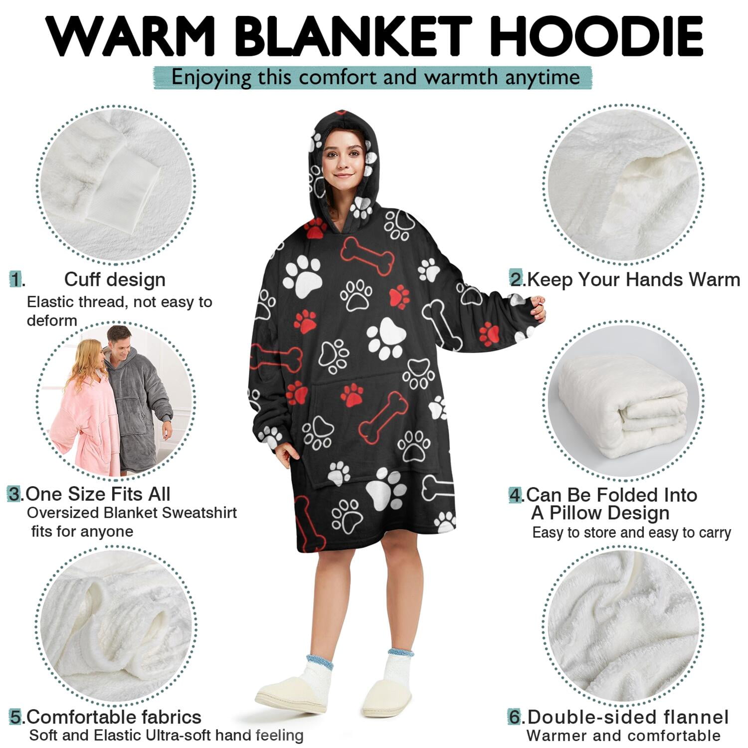 Wearable Oversized Blanket,Paw Prints and Bones Wearable Blanket Hoodie for Adults,Cozy Hooded Blankets with Super Pockets,Super Warm Fuzzy Pullover for Women & Men