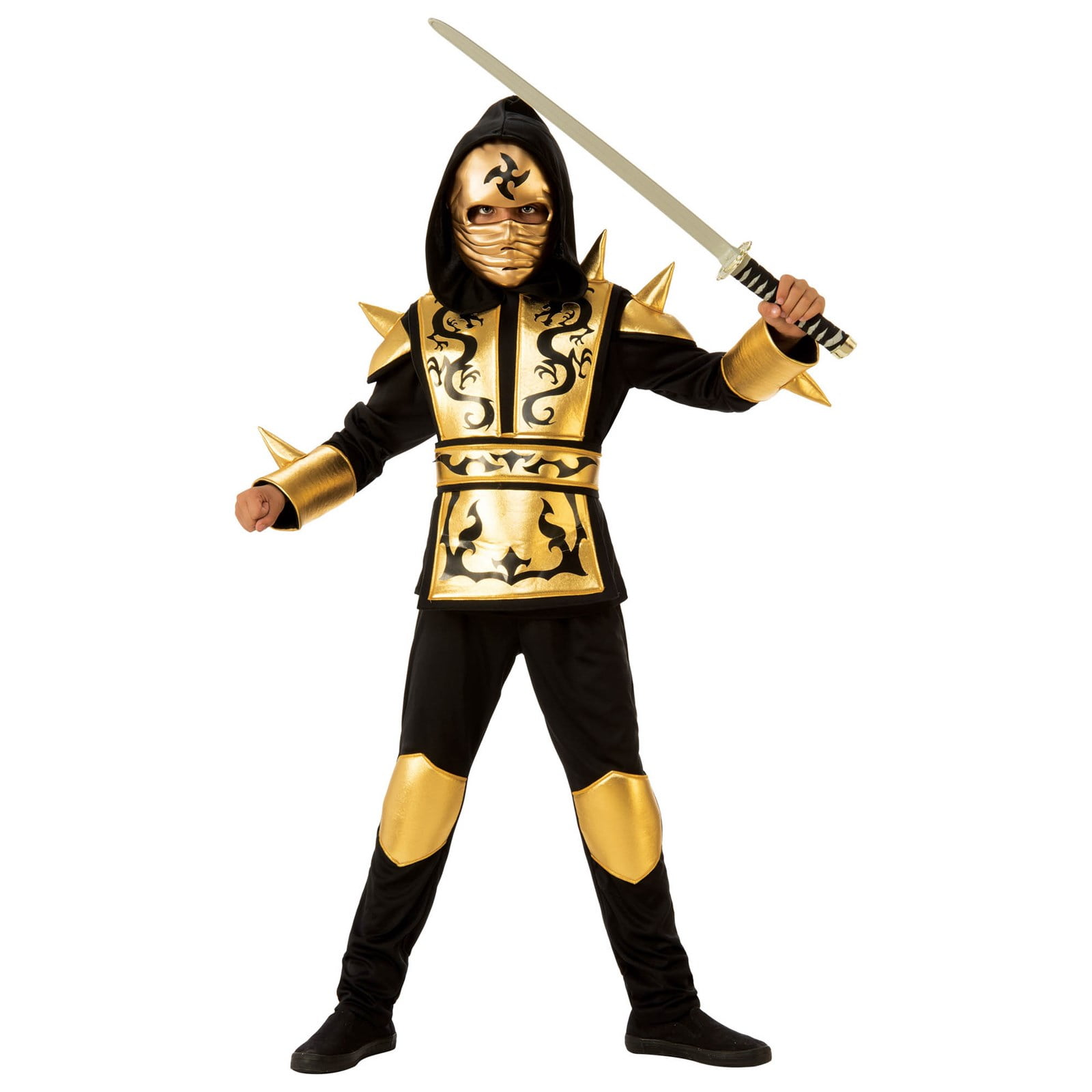 Boys Kids Childrens Black Gold Ninja Fighter Halloween Fancy Dress Costume 4-12