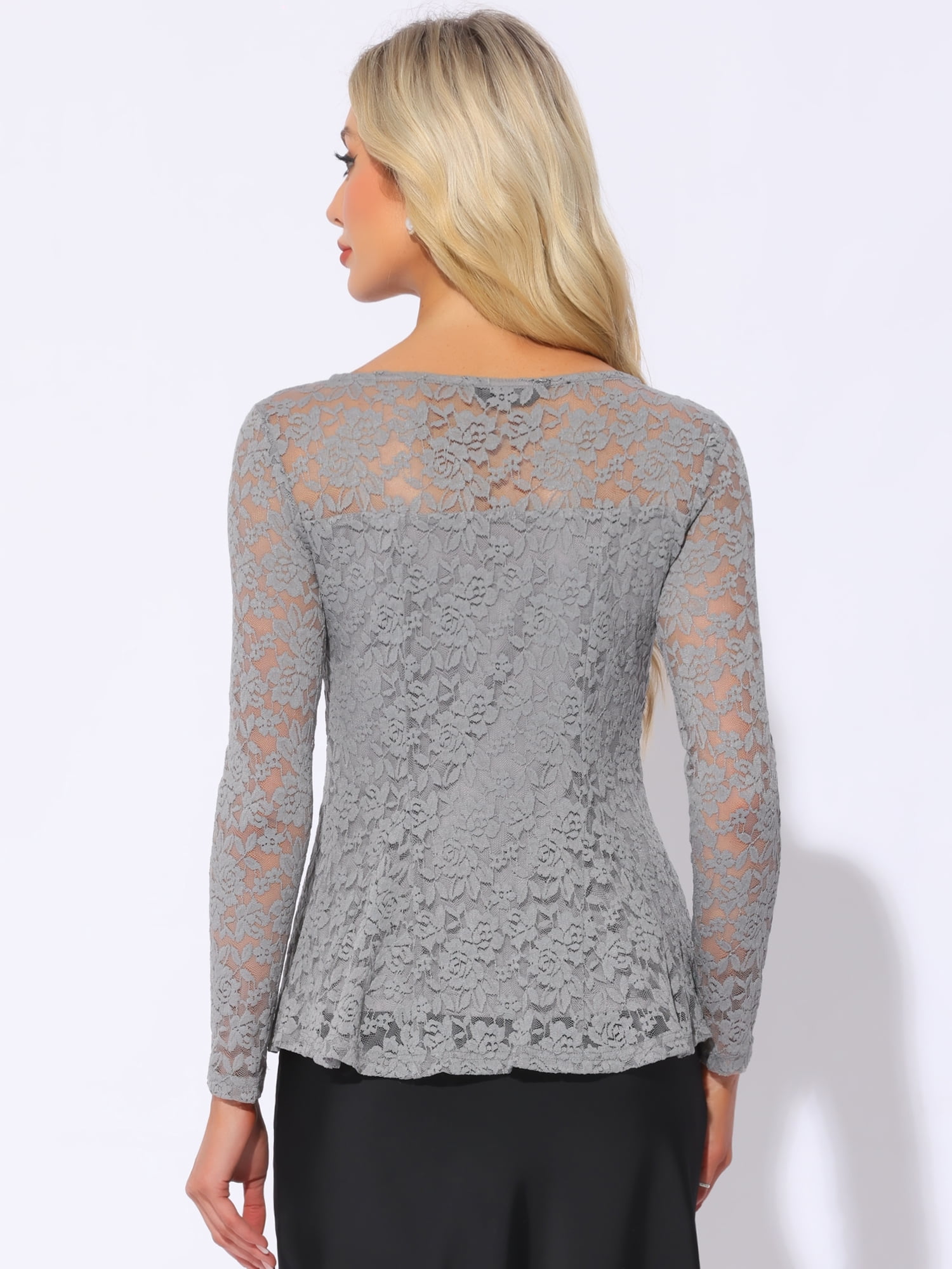DARING DIVA Lace Peplum Round Neck Elegant Blouse L Gray