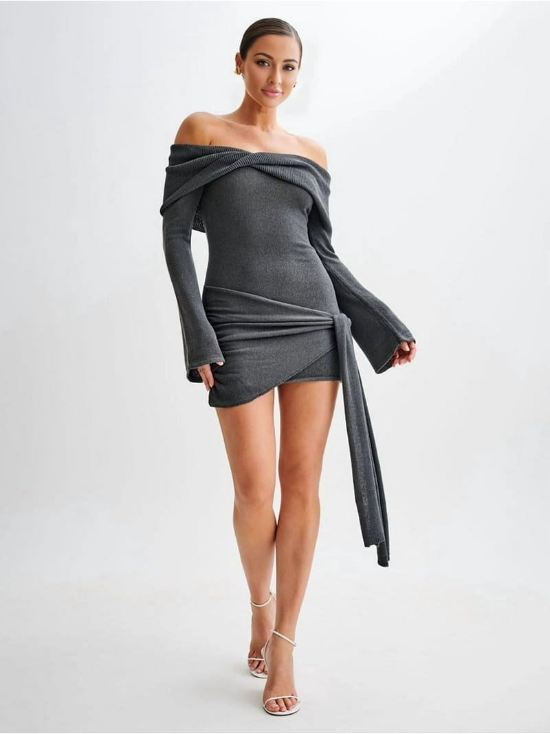 sexy knit dresses Off Shoulder Sweater Dress for Women Long Sleeve Irregular Lace Up Sexy-  Short Knit Dresses
