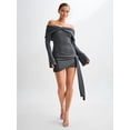 thumbnail image 5 of Off Shoulder Sweater Dress for Women Long Sleeve Irregular Lace Up Sexy- Short Knit Dresses, 5 of 9
