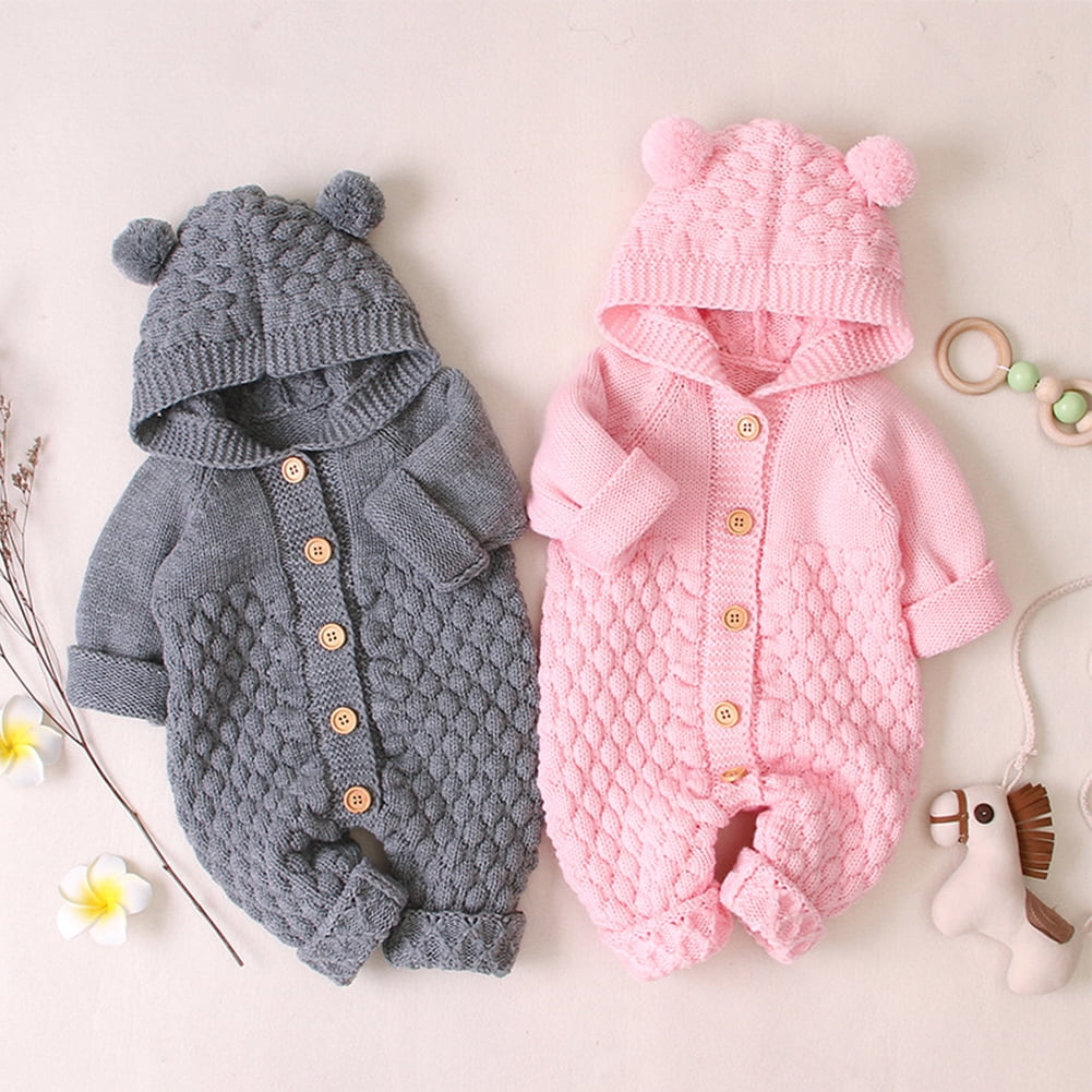 IBTOM CASTLE Unisex Baby Boy Girl Cute 3D Bear Ears Hooded Knitted Sweater Long Sleeve Romper Overall Sleepwear Winter Warm Clothes 6-12 Months Pink