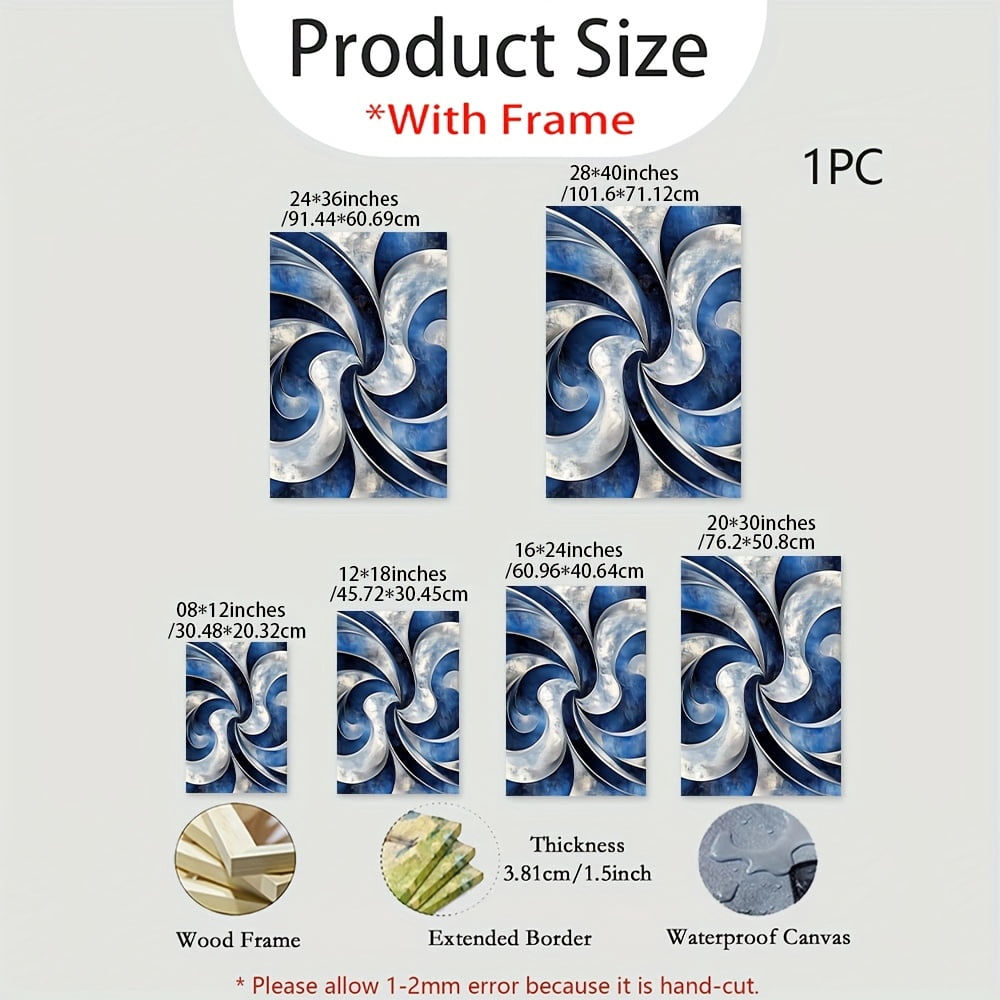 1 Item Abstract Swirls in Blue And Silver Canvas Poster with Wooden Frame - Modern Art Deco Style Wall Decor, Waterproof, Easy to Hang, Suitable for Living Room, Bedroom, Home Office - Unique Gift