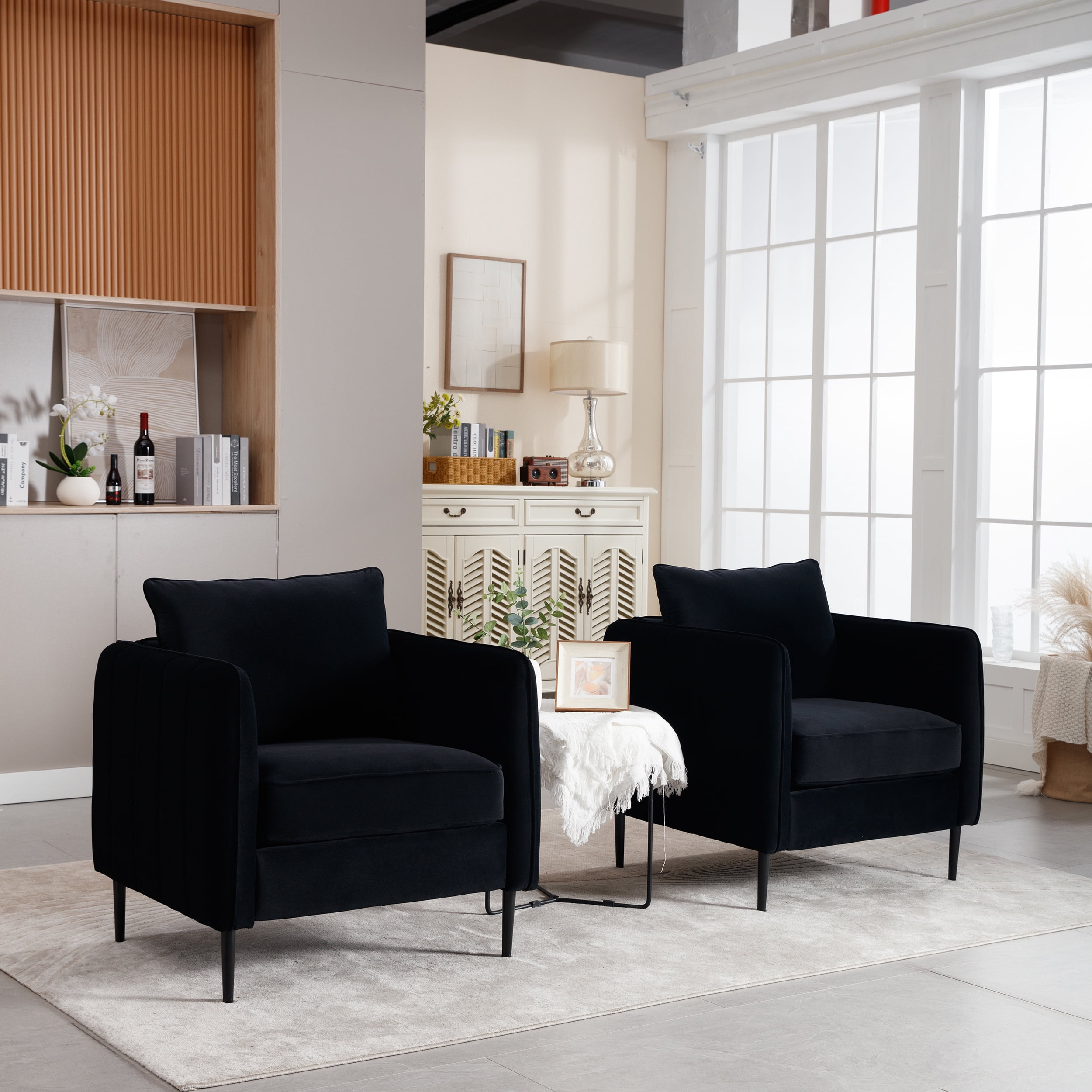 Aukfa Velvet Accent Chair with Channel-Tufted Arms, Modern Single Sofa Chair with Pillow & Metal Legs for Living Room & Bedroom,Black