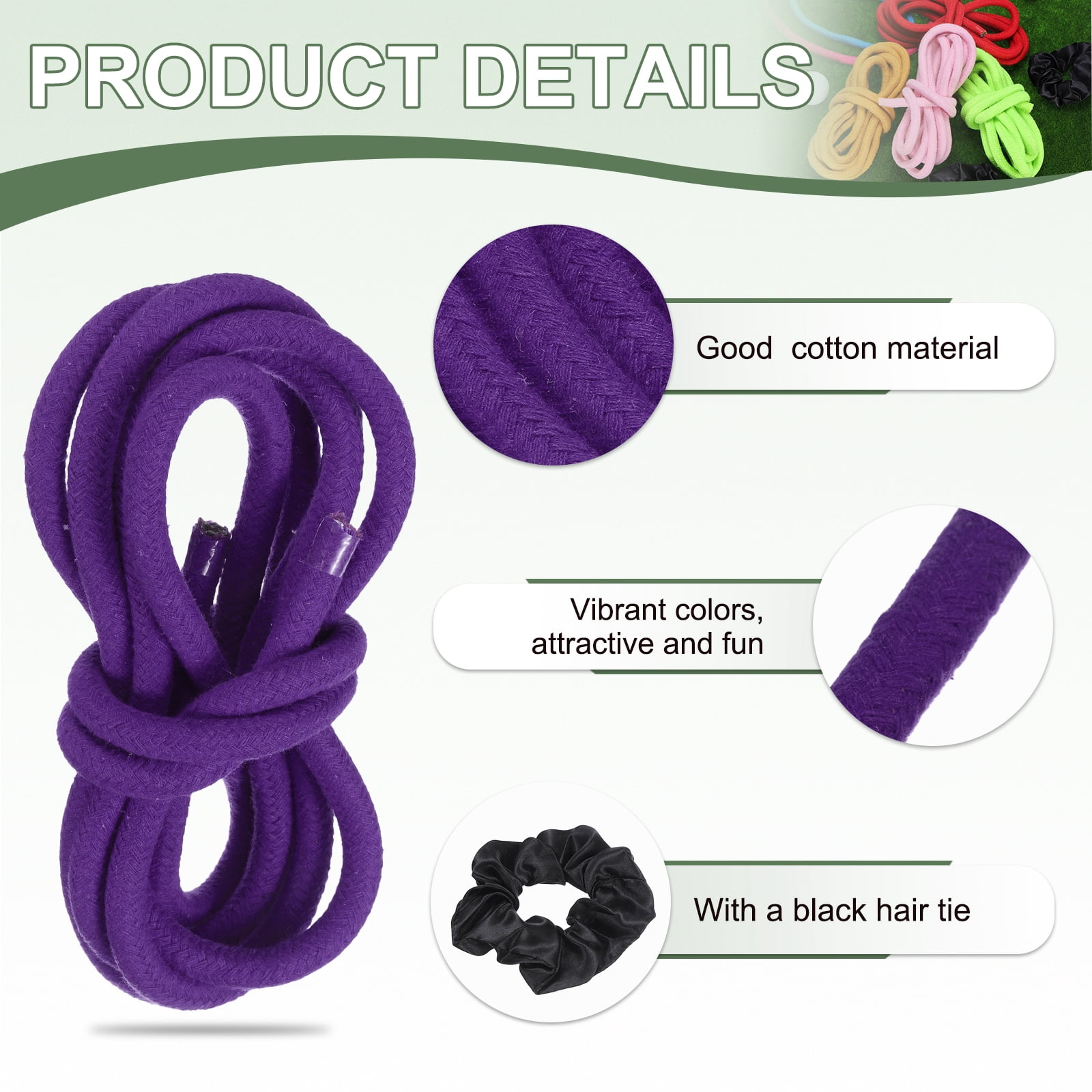 Gymnastics Rope, Exercise Fitness Aerobic Gymnastic Skipping, Rhythmic Gymnastics Arts Rope with Hair Tie 3 Meters& 2Pcs & Purple- Fit for (Fitness/Outdoor Activities/Yoga)