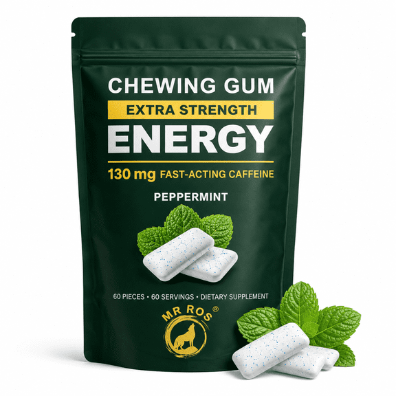 Mr Ros Energy Chewing Gum Fast-Acting 130 mg Caffeine Sugar Free Peppermint 60 Pieces 5.6 oz