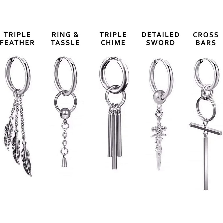 Men s Dangle Earrings Set of 10 Stainless Steel Unique Hinged