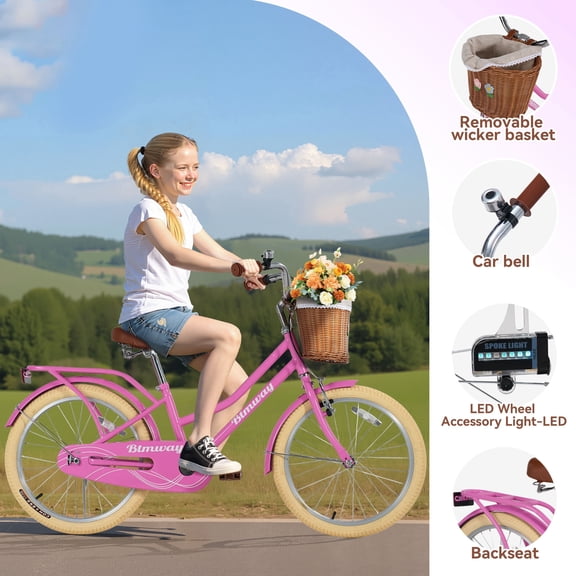 20 inch Kids Bike Ages 7-10 with Basket, Wheel Lights and Bell, Kids Bicycle for Girls Boys, Pink