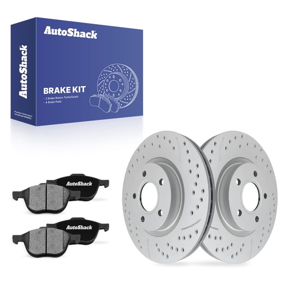 AutoShack Front Vented Drilled & Slotted Coated Brake Rotors Silver Matte Finish   Ceramic Pads 6-PC Brake Kit Replacement for 2013-2019 Ford Escape 2006-2013 Volvo C70 TurboGuard 11.81" (300 mm)