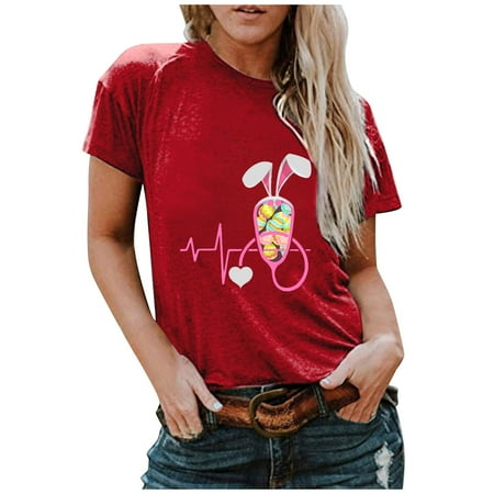 

Clearance Corset Tops for Women Floral Women O-Neck Bunny Print T-shirt Short Sleeve Casual Loose Blouse Rabbit Print Corset Tops for Women Floral Red XL