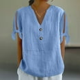 thumbnail image 2 of Ashyfjp Womens Tops Casual Loose-Fit Solid Color Short Sleeve V-Neck Button-Up Tie-Front Comfortable Shirts for Women, Blue, L, 2 of 6