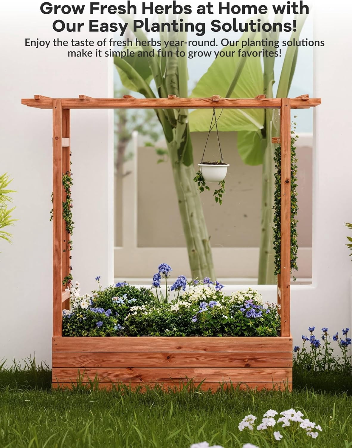 Riedhoff Wooden Raised Garden Bed with Trellis, Hanging Roof & Side Trellis, 43 x 17 x 45"