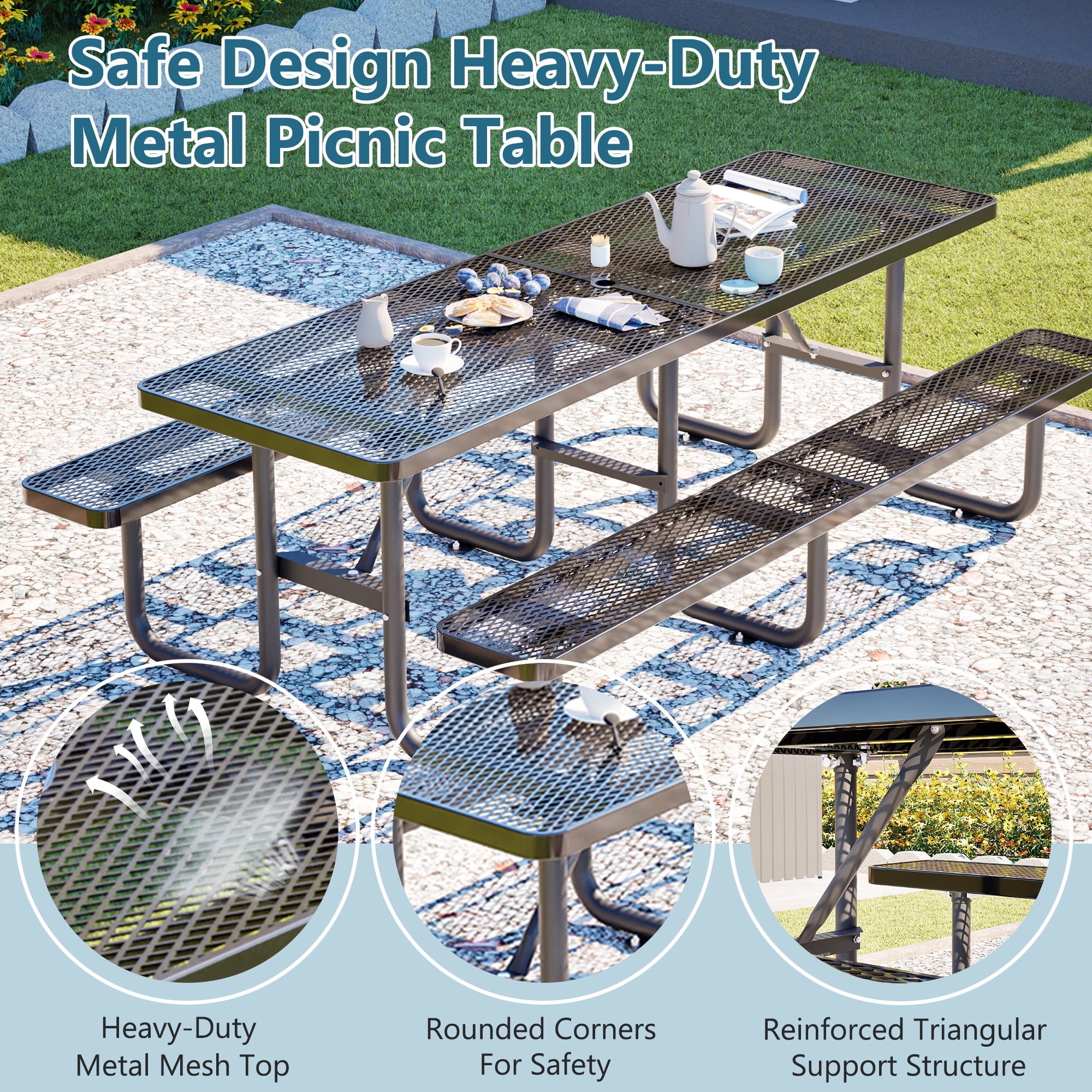 Outdoor Picnic Table Bench Set for 10-Person,All Weather Metal Patio Dining Furniture with Umbrella Hole & 2 Benches for Backyard,Picnic,Camping,Black