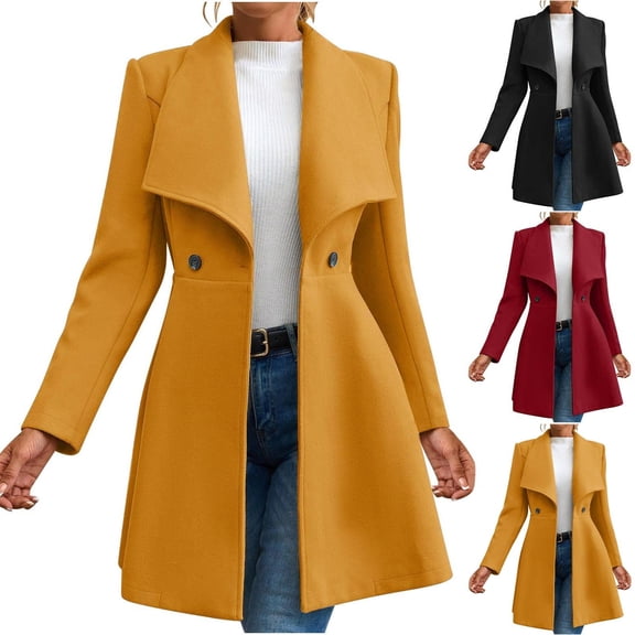 Long Trench Coat For Women Elegant Notched Collar Double Breasted Wool Blend Over Coat Long Sleeve Mid Winter Overcoat Work Office Pea Coats