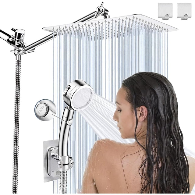 Regaderas para Baño, Regadera Cuadrada y Ducha de Mano 2 Pack, Lluvia de Alta Presión Acero Inoxidable con 3 Modos, Cabezal de Ducha Ajustable con Soporte 360 Grado Ajustable, para Baño, hotel