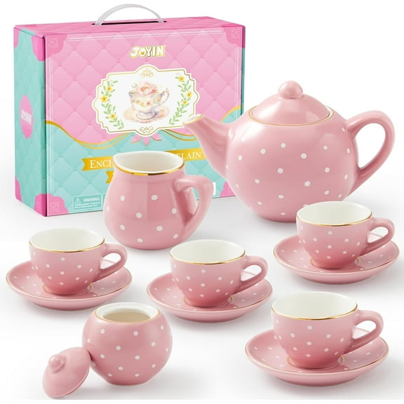 Joyfy Porcelain Tea Set for Girls, 13 PCS Pink Childs Tea Party Set, Pretend Play Toys with Teapot, Cups, Saucers & Carrying Case, Ideal for Toddlers Kids Christmas Birthday Gifts Ages 3 4 5