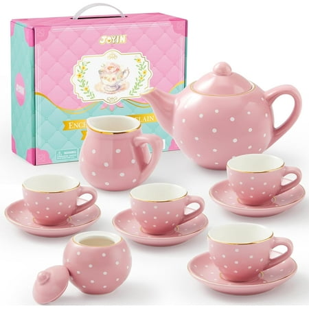 Joyfy Porcelain Tea Set for Girls, 13 PCS Pink Childs Tea Party Set, Pretend Play Toys with Teapot, Cups, Saucers & Carrying Case, Ideal for Toddlers Kids Christmas Birthday Gifts Ages 3 4 5