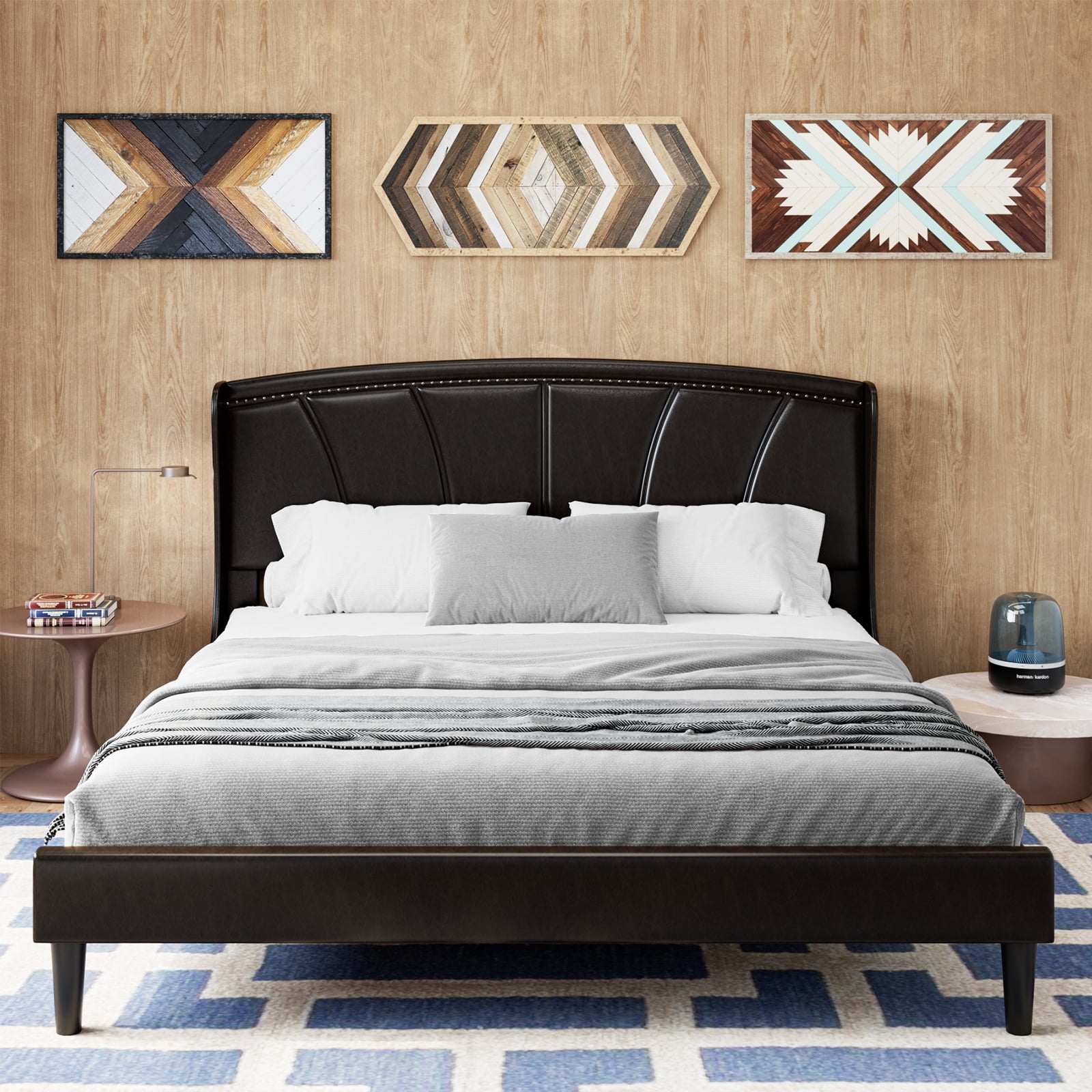 Homfa King Size Platform Bed Frame, PU Faux Leather Scallop Shape