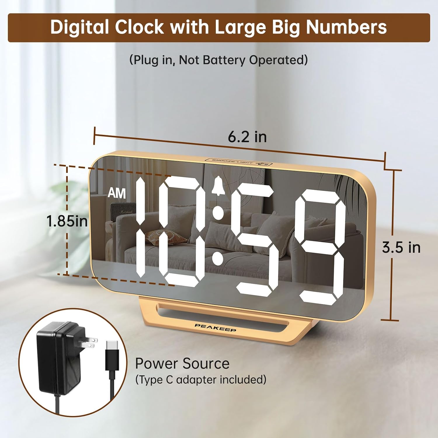 Slim Digital Mirror Aesthetic Alarm Clock for Bedrooms Desk Decor - Plug in Electric Big LED Modern Small Clock for Office Living Room, Battery Backup, 6 Dimmers (Gold)