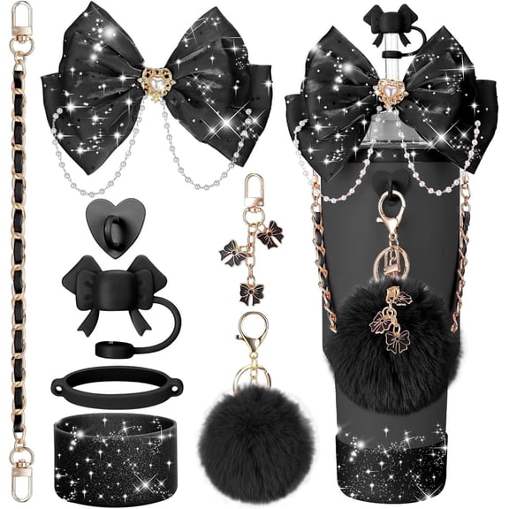 Bling Cup Accessories for Stanley – Fits 30/40/20oz Tumblers, Sparkly Bow Straw Topper, Decor, Leather Handle Strap, Cup Boot & More, Stylish Bling Tumbler Decor Kit