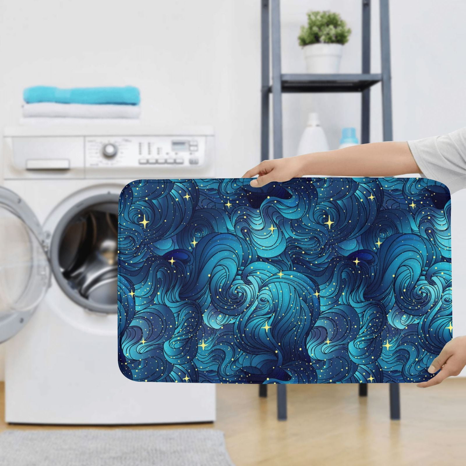 Bathroom Rugs Sets 3 Piece - shiny star navyblue wave Absorbent Non Slip Bath Mats, U-Shape Toilet Lid Cover, Contour Mat, Soft Washable Shower Mats Bath Rug Mat for Bathroom Tub Toilet
