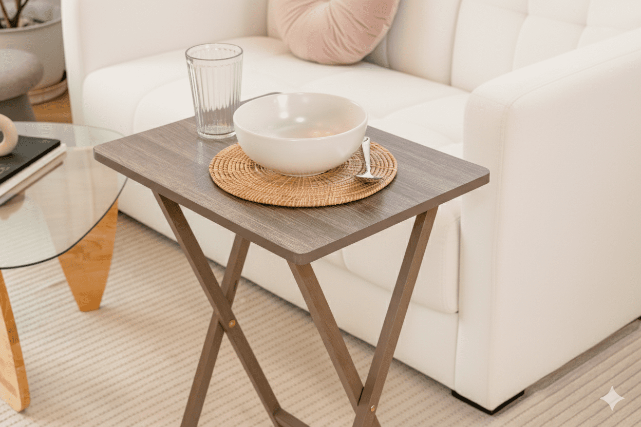 Mainstays 5-Piece Rubberwood Folding TV Tray Table Set of 4 with Storage Rack, Rustic Gray