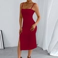 thumbnail image 6 of Qiopertar Women's Square Neck Spaghetti Strap Ruched Bodycon Midi Dress Cocktail Party Night Out Elegant Slit Sleeveless Fitted Solid Color, Wine S, 6 of 7