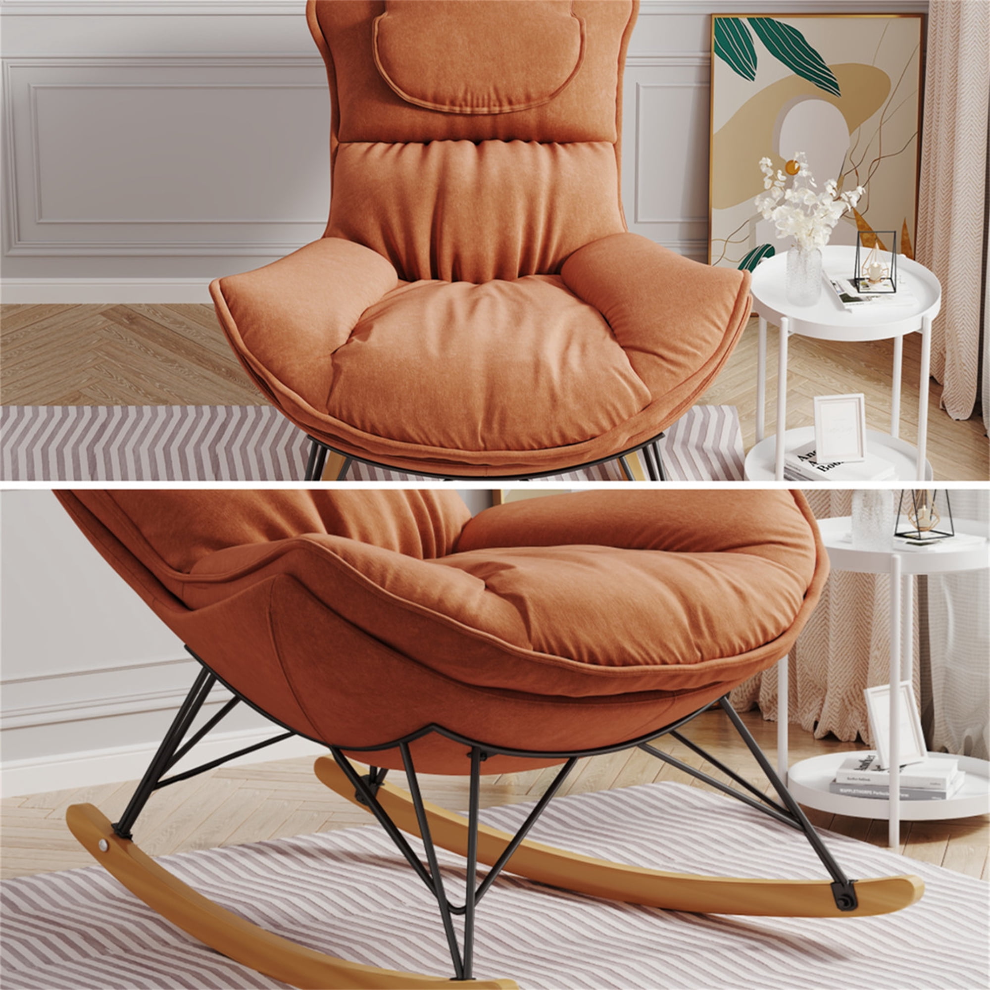 Aukfa Upholstered Rocking Chaise Lounge Chair for Home Office, Velvet, Brown
