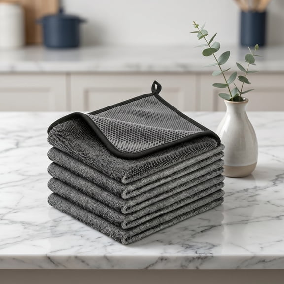 Genie Magic Microfiber Cleaning Cloths, Thick Streak-Free Lint-Free Reusable Towels, Multi-Purpose Cleaning Rags for Kitchen, Glassware and Car Windows.(5Pcs)