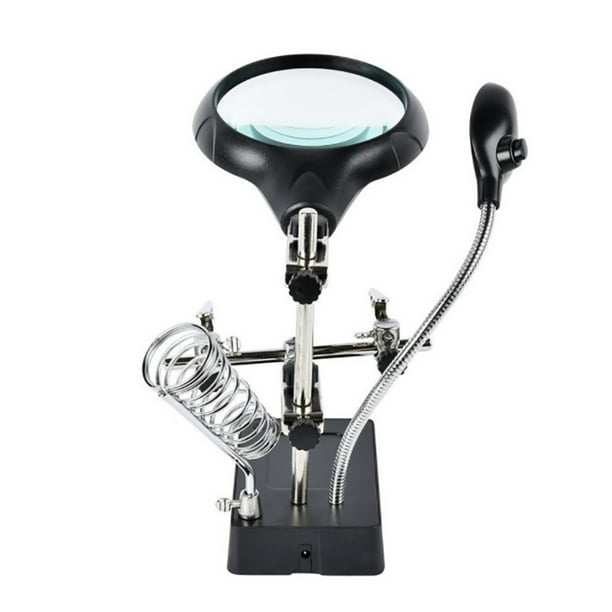 Lupa de escritorio con estación de soldadura y luz LED, soporte para lupa con abrazadera y clips