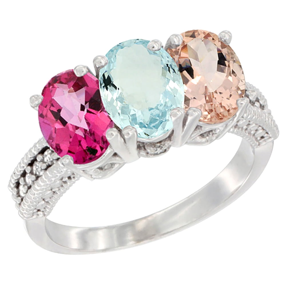 14K White Gold Natural Pink Topaz, Aquamarine & Morganite Ring 3-Stone 7x5 mm Oval Diamond Accent, sizes 5 10 by WorldJewels