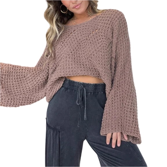 dGslk Women Loose Knit Sweater Long Sleeve Pullover Lightweight Cropped Top Casual Oversized Jumper Soft Breathable Design Brown L