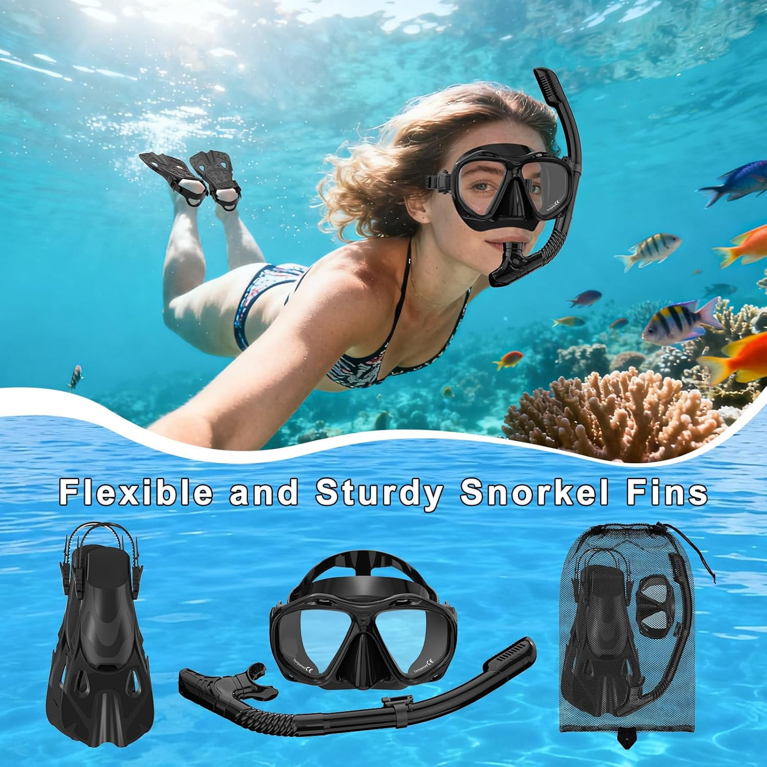 Snorkeling Gear for Adults Men Women, 3 in 1 Snorkel Set with Panoramic View Diving Mask, Dry Top Snorkel Fins for Swimming, Snorkeling and Travel Diving-Black(Large/X-Large)