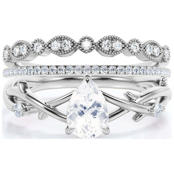 Boho & Hippie 2.10 Carat Pear Cut Diamond Moissanite Unique Engagement Ring, Wedding Ring, Inspired And Branch Ring In 10K Solid White Gold, Gift For Her, Surprise, Promise Ring, Trio Ring Set